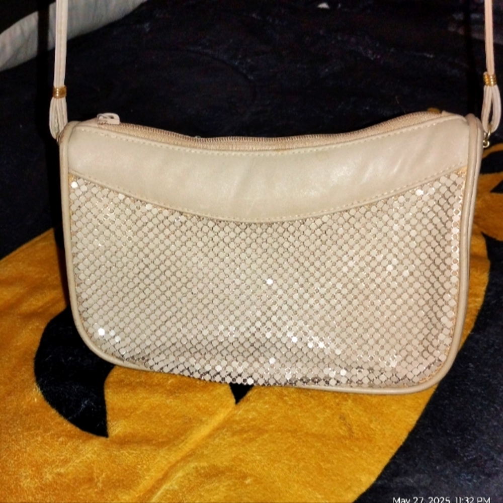 Elegant Metallic Shimmering Metal Cream Shoulder Bag